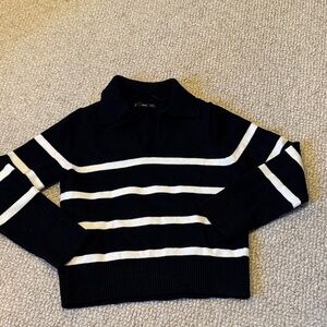 Mango Black and White Striped Henley Sweater Pullover